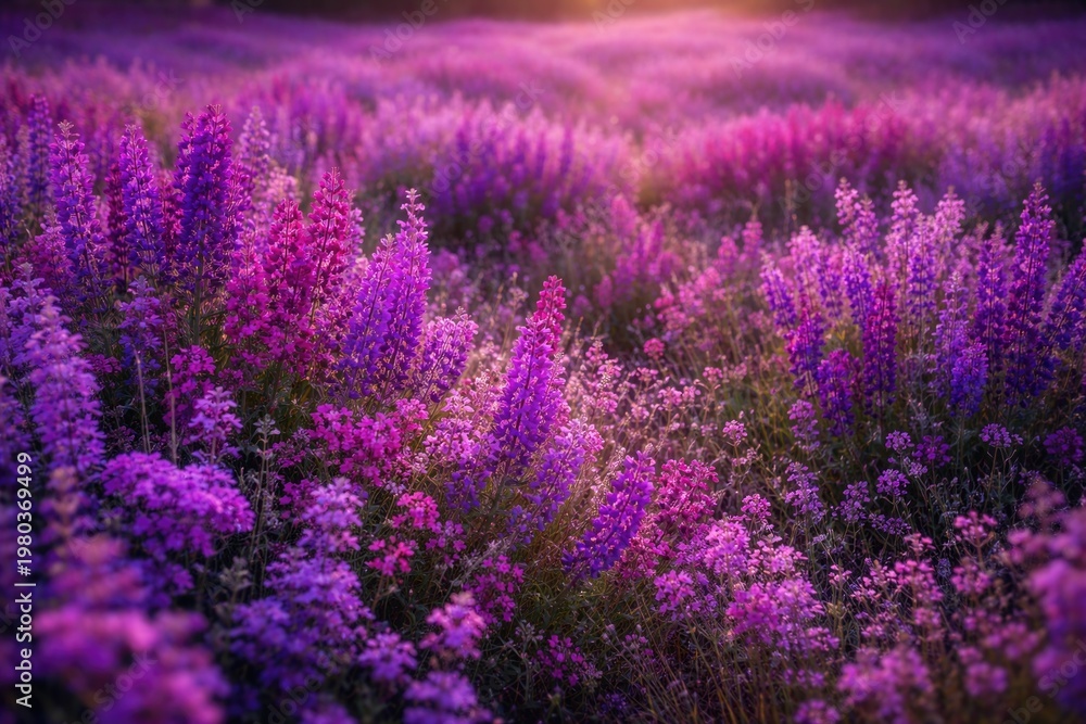 Obraz premium A colorful array of blooming purple flowers with violet and magenta tones covering the field