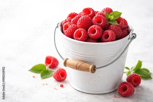 White ceramic bucket filled with fresh raspberries on a bright background with copy space