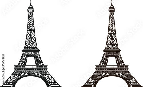Schilderij op canvas Black and brown Eiffel Tower silhouettes from Paris France isolated on white background for French travel tourism and European landmark design