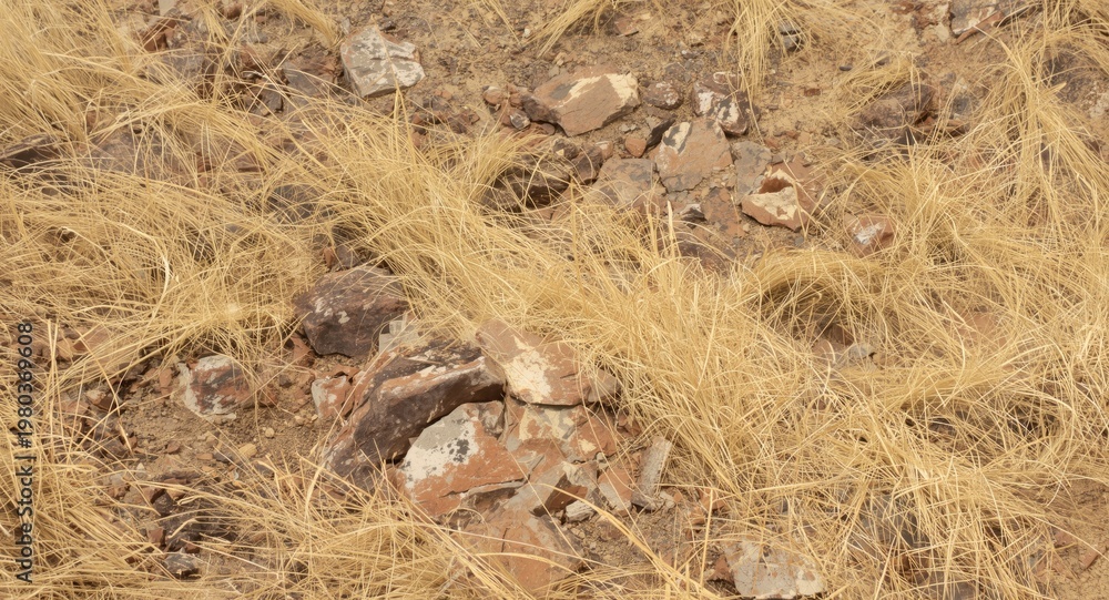 Fototapeta premium Sweeping dry grassland with rugged rock outcrops forming a textured background