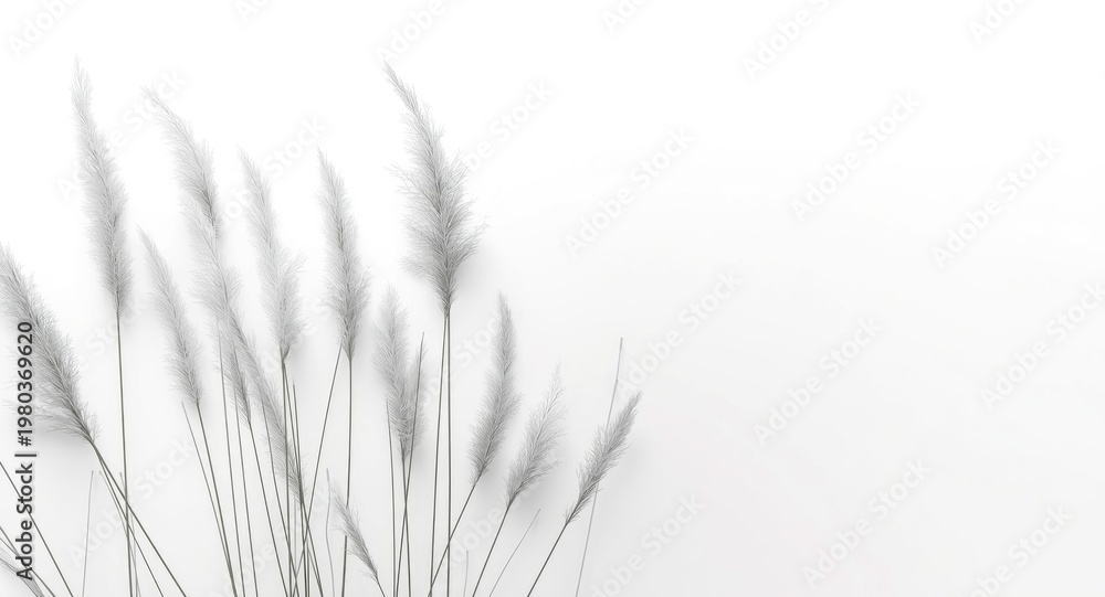Fototapeta premium Calm and serene natural ambiance with silver grass swaying on a smooth white background