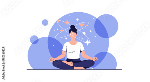Woman meditating with stars and orbits around her head, symbolizing inner peace and cosmic connection.
