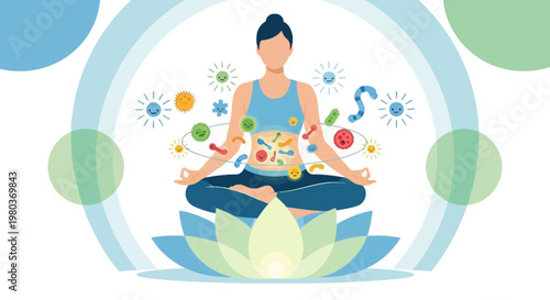 Woman Meditating with Healthy Gut Microbiome and Probiotics