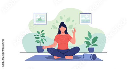 Woman Meditating Yoga Pose Indoors Peaceful Mindful Serene Home Environment