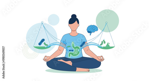 Woman meditating, balancing gut microbiome and brain health with probiotics and healthy lifestyle