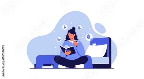Woman reading book in bedroom, dreaming of butterflies, peaceful hobby