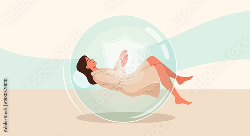 Woman protected in a bubble with shield icon, representing safety, privacy, and self-care