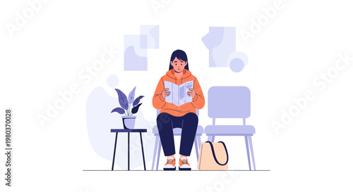 Woman Reading Book in Waiting Room, Calm and Patiently Waiting