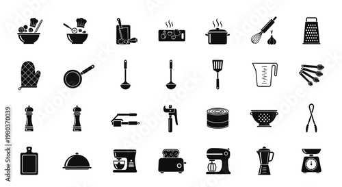 Black kitchen utensil and appliance icons.