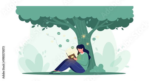 Woman Reading Book Under Tree, Imagination, Knowledge, Nature