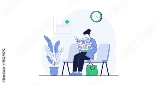 Woman reading newspaper in waiting room with plant and clock