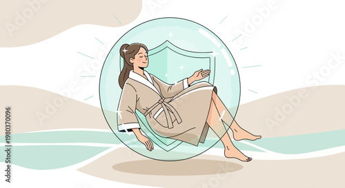 Woman relaxing in protective bubble with shield, self care, wellness, safety, spa, comfort