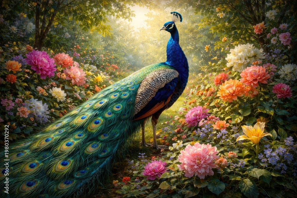 Fototapeta premium A colorful artwork featuring a peacock with bright blue plumage amidst blooming flowers and dense greenery