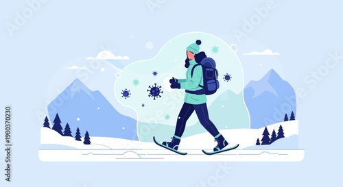 Woman snowshoeing in snowy mountains with virus particles