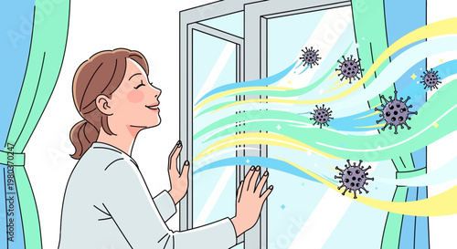 Woman ventilating room, fresh air flow, removing viruses and bacteria from home