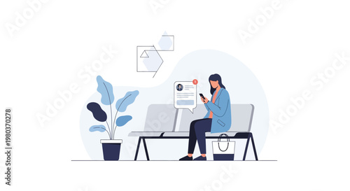 Woman waiting in clinic lobby, looking at phone, notification bubble, healthcare concept