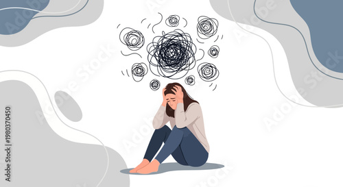 Woman with anxiety and stress, mental health issues, overwhelmed and confused mind, depression concept