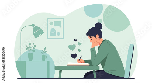 Woman writing in journal with hearts, creative inspiration, journaling concept