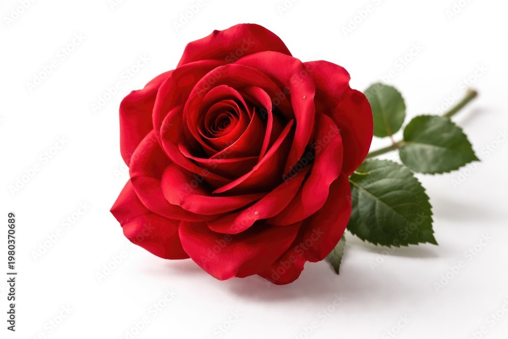 Fototapeta premium A vibrant red silk rose displayed on a pristine white backdrop