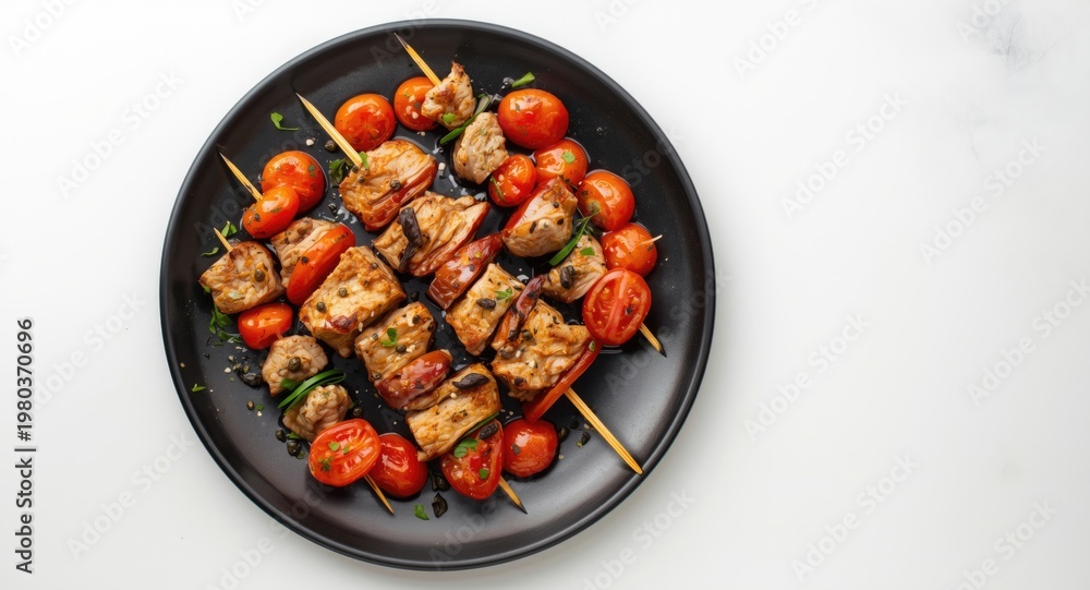 Fototapeta premium Turkey kabobs with ripe tomatoes and capers artfully arranged on a deep black plate on white surface