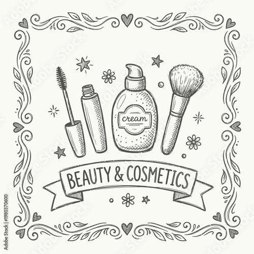 Hand drawn template with makeup beauty cosmetic elements, mascara, cream bottle, skin brush. Doodle sketch style. Illustration for makeup, beauty salon, cosmetic store banner, frame, poster design