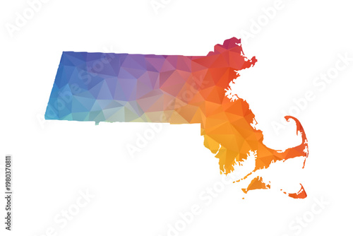 Massachusetts Map - Polygon Style Vector Illustration in Rainbow Gradient, Low Poly Multicolor Geometric Design, Isolated on White Background, Suitable for Reports, and Creative Projects.