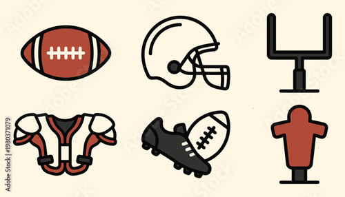 American football equipment icons set in flat design style