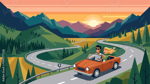 This vibrant flat design illustration showcases a traveling couple enjoying a scenic road trip in an open-top car, symbolizing freedom and adventure. 