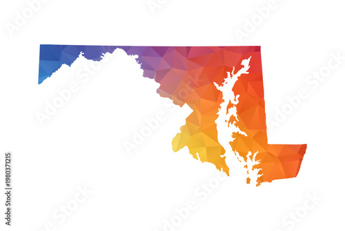 Maryland Map - Polygon Style Vector Illustration in Rainbow Gradient, Low Poly Multicolor Geometric Design, Isolated on White Background, Suitable for Reports, and Creative Projects.