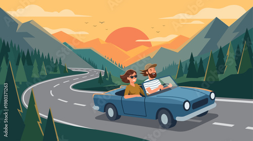 This vibrant flat design illustration showcases a traveling couple enjoying a scenic road trip in an open-top car, symbolizing freedom and adventure. 