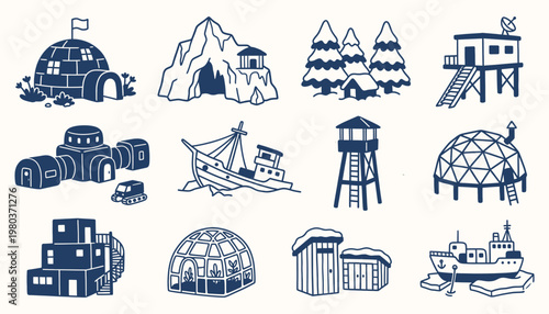 Arctic exploration and remote survival base icons in black and white vector style