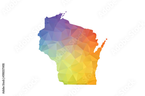 Wisconsin Map - Polygon Style Vector Illustration in Rainbow Gradient, Low Poly Multicolor Geometric Design, Isolated on White Background, Suitable for Reports, and Creative Projects.