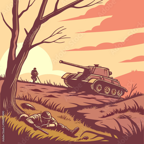 Photography Vintage wartime scene with fallen soldier and tank on grassy hill at sunset with dramatic sky and sparse tree illustration