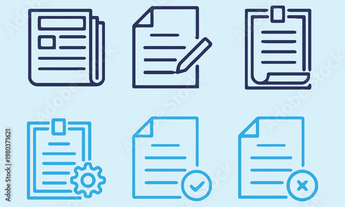 A collection of blue line art icons depicting various documents papers and checklists high-quality professional detailed modern elegant stylish clean