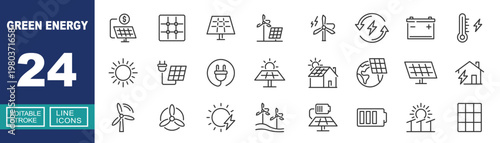 Green Energy set of web icons in line style. Containing solar-panel, wind-turbine, recycling, battery, thermometer, sunlight, plug, home, earth, electricity, renewables and more. Editable stroke icons