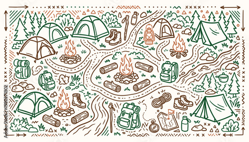 Camping adventure doodle map with tents and campfires