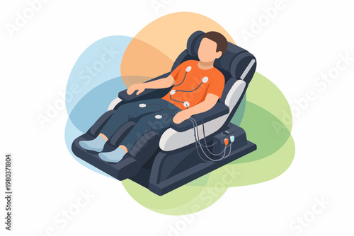 Man in biohacking chair with medical sensors for health monitoring