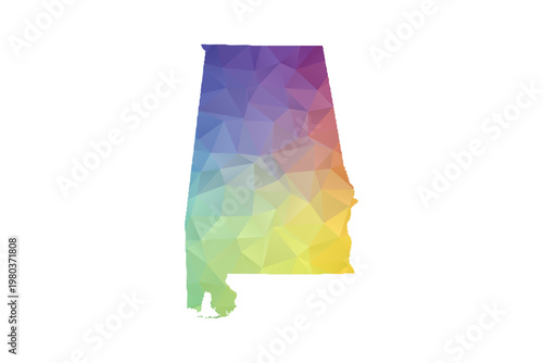 Alabama Map - Polygon Style Vector Illustration in Rainbow Gradient, Low Poly Multicolor Geometric Design, Isolated on White Background, Suitable for Reports, and Creative Projects.