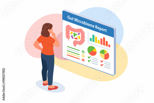 Isometric woman analyzing her Gut Microbiome Report on digital screen