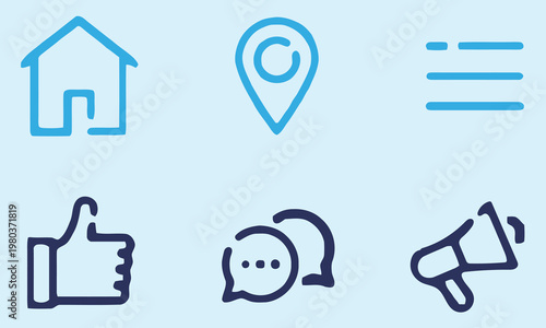 A collection of simple blue line icons representing home location menu like chat and megaphone high-quality professional detailed modern elegant