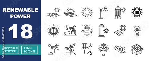 Renewable Power set of web icons in line style. Containing Farm, Panel, Sun, Lamp, Heater, Badge, Globe, House, Battery, Cell, Idea, Plant, Plug, Tree and Rooftop and more. Editable stroke icons