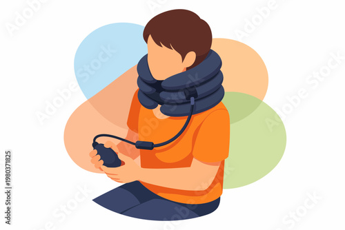 Man Using Inflatable Neck Traction Device for Pain Relief