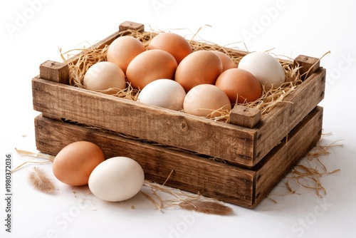 Fresh eggs in a wooden crate on a white backdrop