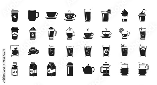 A collection of various coffee and tea drink icons.
