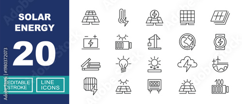 Solar Energy set of web icons in line style. Containing solar-panel, thermometer, electricity, battery, crane, earth, watch, accumulator, bulb, radiation and more. Editable stroke icons collection.