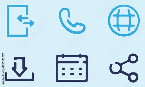 A set of blue outline icons representing communication data transfer and scheduling high-quality professional detailed modern elegant stylish clean crisp
