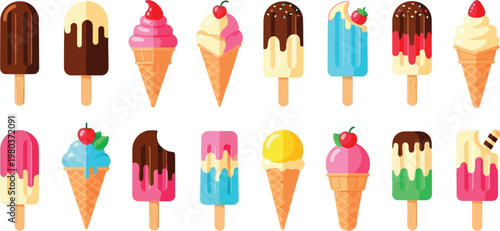 Set of colorful ice cream icons including popsicles cones and sorbet bars with various toppings and flavors on transparent background.