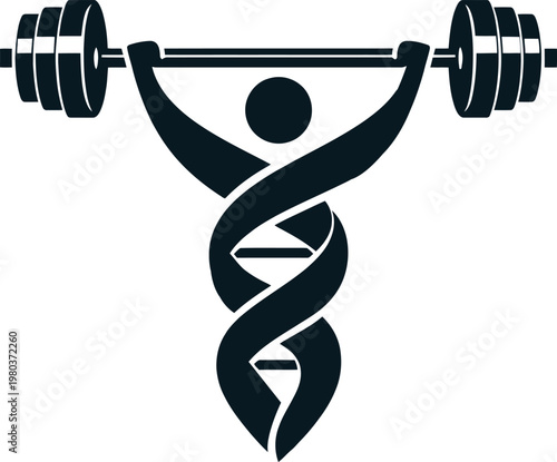 A unique and modern logo combining fitness and medical concepts, featuring a human figure lifting a barbell integrated with a DNA helix shape. This creative design represents strength, health, wellnes