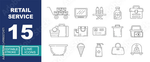 Retail Service set of web icons in line style. Containing Trolley, Monitor, Water, Medicine, Toolbox, Luggage, Bag, Identity, Bin, Basket, Bowl, Icecream, Soap, and more. Editable stroke icons