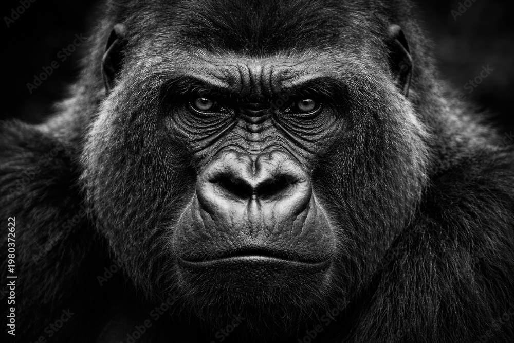 Obraz premium Gorilla Face Portrait with Intense Eyes in Black and White